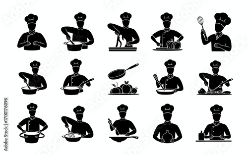 Vector art of chef cooking food in various actions set