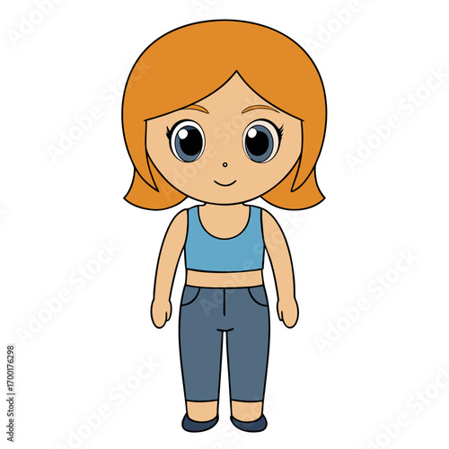 Cute cartoon illustration of a young woman with ginger hair and big eyes wearing a blue crop top and jeans, isolated full-body character