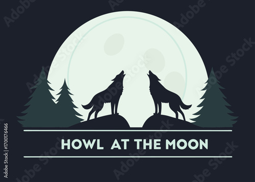 Two wolves howling at a large full moon with pine trees and a decorative border wolf night