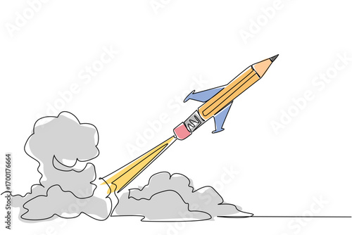 Pencil rocket blasting off with smoke trails symbolizes knowledge power and creativity, ideal for celebrating National Higher Education Day in a continuous line drawing, education concept, innovation