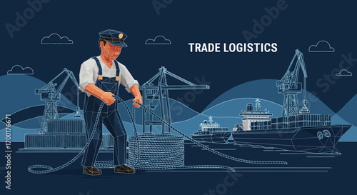 Low polygon man working at the port trade logistics with ships and cranes on the background
