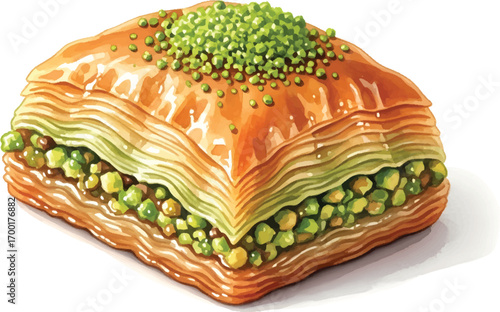 Illustration of a square piece of baklava with pistachio topping.