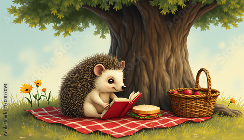 Hedgehog reading book under the tree