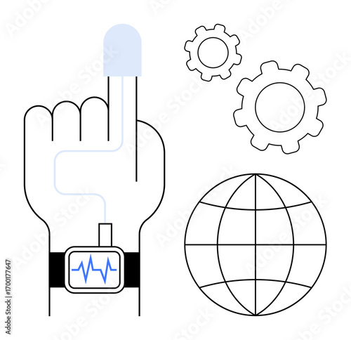 Finger with biometric sensor, smartwatch tracking data, technology gears, and globe represent digital innovation, connectivity, global tech, security, health tracking. Ideal for technology