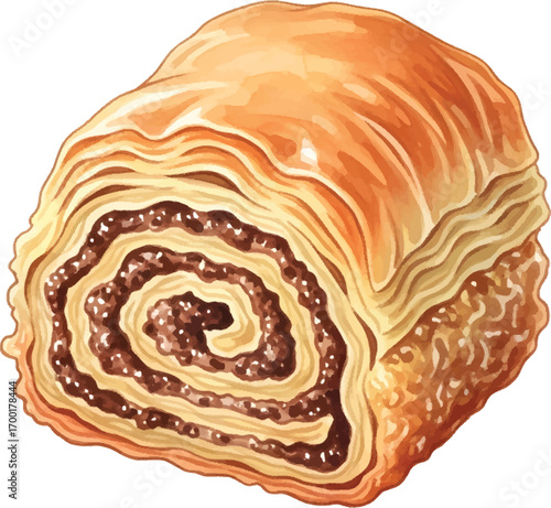 Illustration of a rolled pastry with a dark filling, golden brown crust.