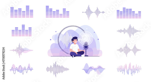 Podcast recording with sound waves surrounding a person speaking into a microphone in the studio