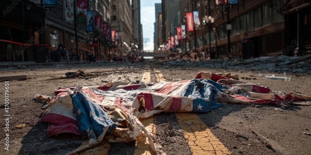 Obraz premium Torn american flag lying on the ground after demonstration in city street