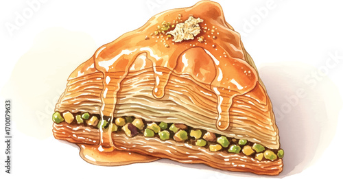 Illustration of a piece of baklava with dripping syrup and pistachio filling.