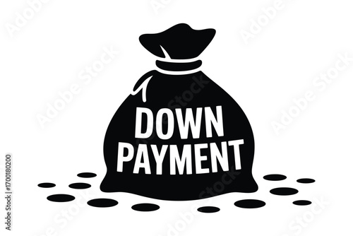 Money bag labeled down payment with scattered coins