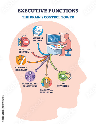 Executive functions overview shows a brain outline with icons for working memory, inhibitory control, and planning. Outline diagram