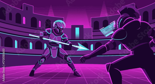 Futuristic gladiators clashing in a neon-lit arena combat in a cyberpunk style world