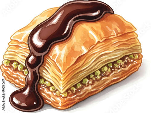 Baklava with chocolate syrup, a sweet dessert with layers of pastry and nuts.