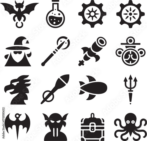 Fantasy and sci-fi icons including bat, potion, gears, rocket, wizard, griffin, submarine, trident