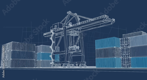 Technical blueprint illustration of cargo crane and shipping containers at a port facility