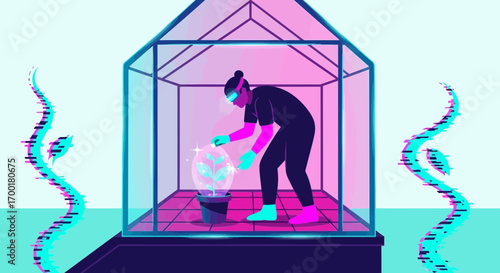Futuristic greenhouse nurtures digital plants in a vibrant neon landscape with technological touch