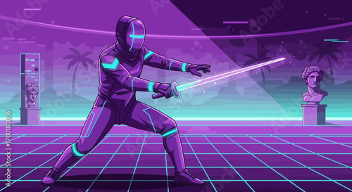 Futuristic Fencer in a Neon Retro Arena Ready for Battle Amidst Synthwave Aesthetics