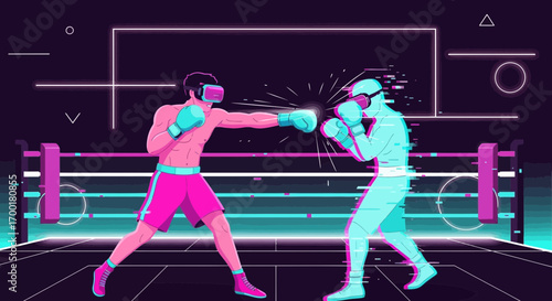 Two boxers in a virtual reality boxing match with neon colors and geometric background
