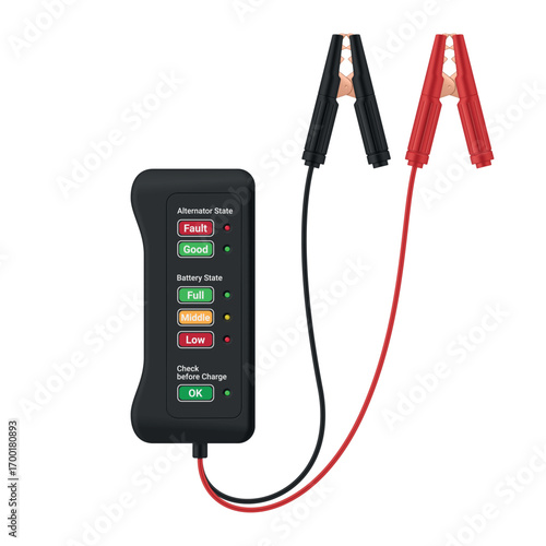 Illustration of a car battery tester with bright battery and alternator status indicators in a compact case. Indispensable for car maintenance