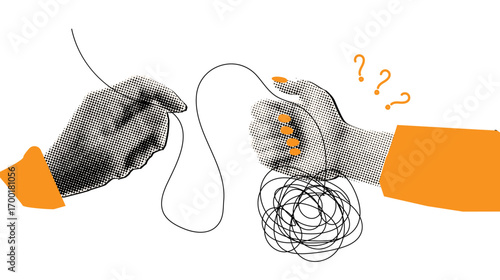 Hand pulling thread from woman hand in retro halftone style,concept of problem solving and eliminating uncertainty