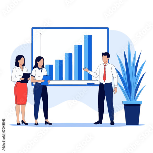 Illustration of business people presenting a growing bar chart on a whiteboard