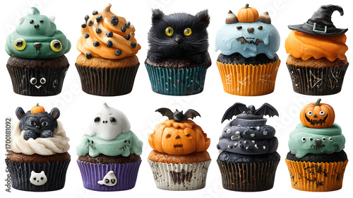 HD realistic clipart set of Halloween cupcakes with themed toppings isolated on white background