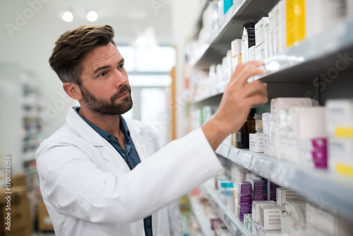 Pharmacist organizing shelves at a local pharmacy during the day
