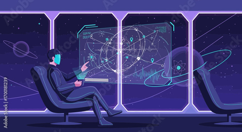 Futuristic interface with a scientist examining data in a space station setting visualization