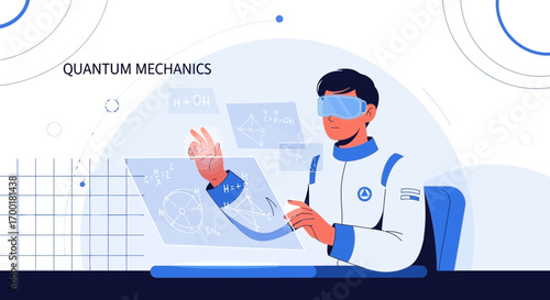 Futuristic Quantum Mechanics: A Man in VR Analyzing Complex Scientific Data and Equations