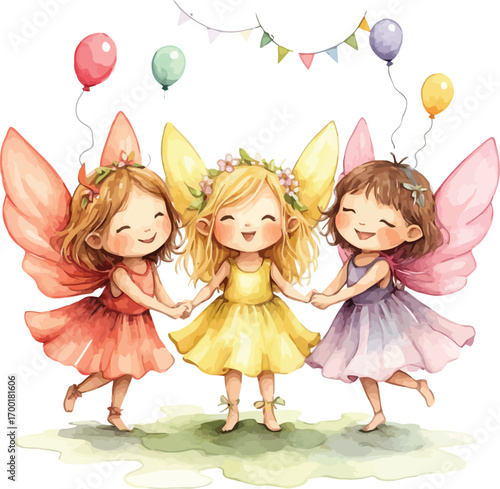 Three adorable fairies holding hands wearing pretty dresses