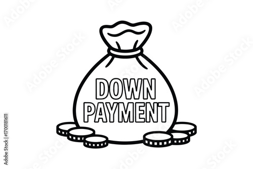 Bag of money labeled down payment with coins