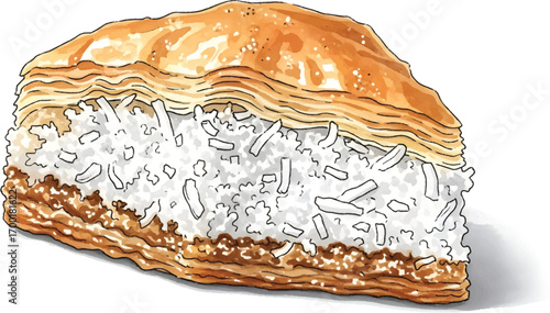 Illustration of a slice of coconut baklava, a sweet pastry with layers of filo dough and nuts.