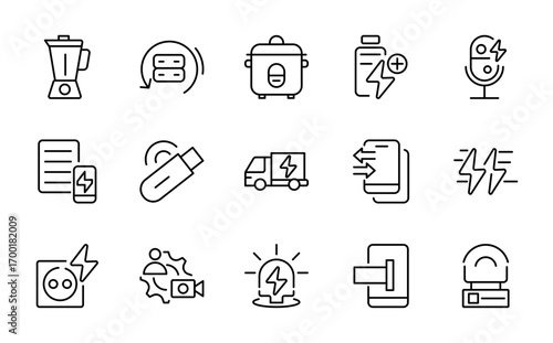 Electronic Device line icon set. Includes laptop, tablet, smartphone, drone, computer monitor, technology, TV, camera, and CCTV vector illustration. Editable stock