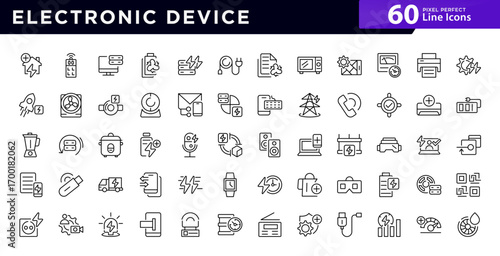 Electronic Device line icon set. Includes laptop, tablet, smartphone, drone, computer monitor, technology, TV, camera, CCTV vector outline icons. UI thin line icon pack.