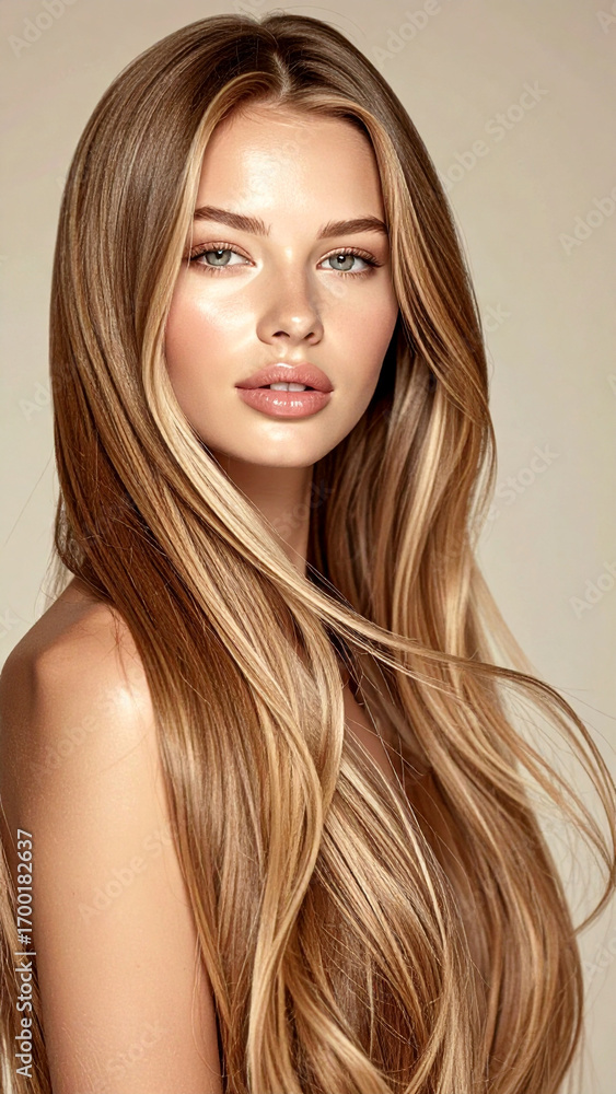Naklejka premium Stunning Woman with Wavy Blonde Hair and Sun-Kissed Highlights