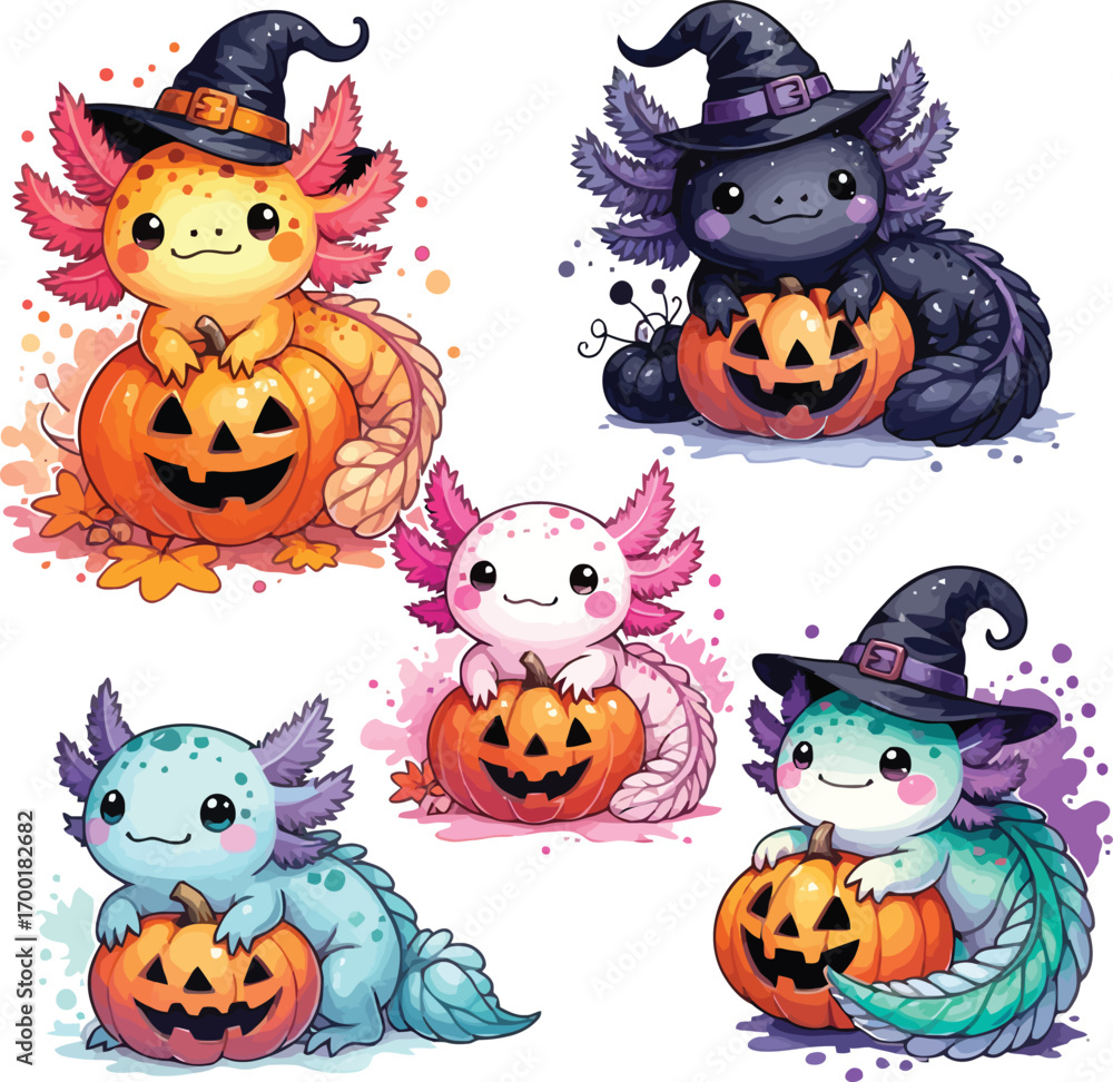 Naklejka premium Cute halloween axolotls holding jack-o'-lanterns fun graphics