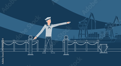 Stylized Illustration of a Sailor Directing Ship Traffic in a Port Setting at Night