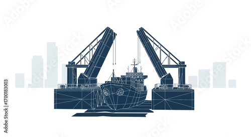 Wireframe illustration showcasing a cargo ship passing under an open drawbridge with city skyline
