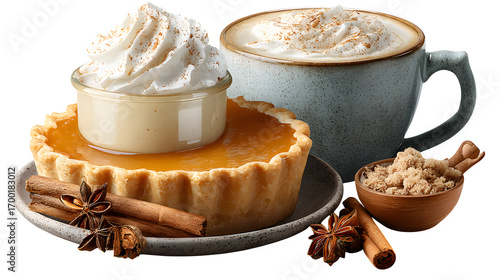 HD realistic clipart set of pumpkin pies, mugs, and cinnamon sticks isolated on white background