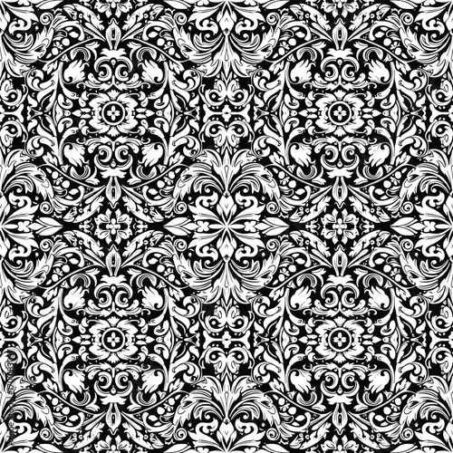 Intricate black and white floral damask pattern for classic and elegant designs, seamless pattern, royalty stock.