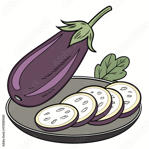 Freshly sliced eggplant on a plate, ripe and ready for cooking, a culinary ingredient for delicious vegetarian meals, healthy eating