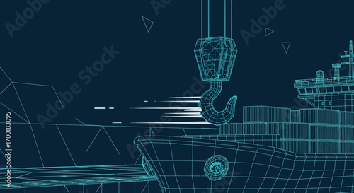 Wireframe render of cargo ship with crane, illustrating global logistics network