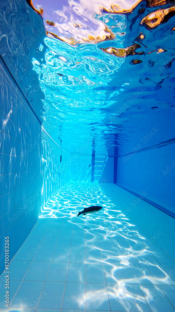 Obraz premium Underwater Serenity A Mesmerizing Shot of a Swimming Pool with a Lone Figure and Sunlit Reflections
