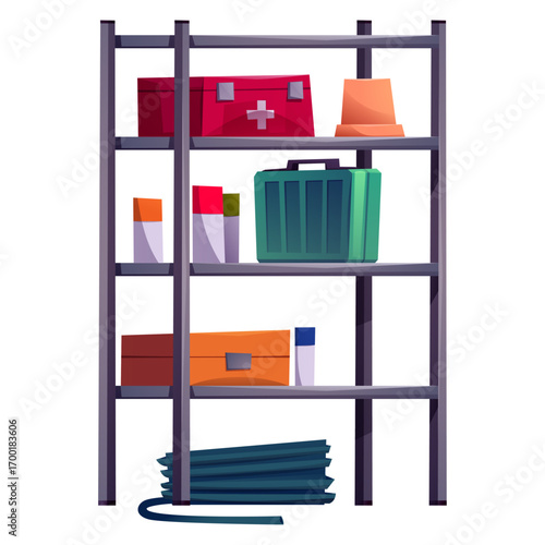 Cartoon illustration of a metal shelf with supplies for various purposes
