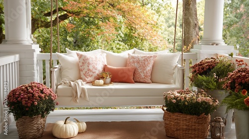 Fototapeta Naklejka Na Ścianę i Meble -  Cozy porch swing decorated with autumn flowers and cushions in a serene garden setting during fall