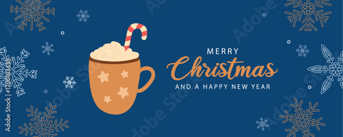 merry christmas greeting card hot drink on snowflake background vector illustraion