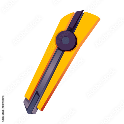 Detailed Illustration of a Yellow Utility Knife with a Cutting Blade and Handle