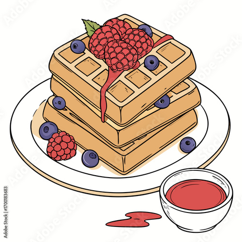 Delicious waffles with fresh berries and syrup breakfast food illustration vector graphic design asset