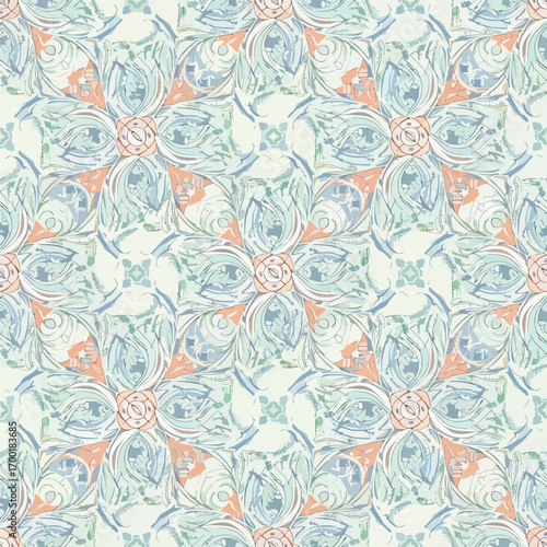 Intricate floral pattern with gentle blues, greens, and peach hues creating a soft design, patern seamless, Stock royalty image.