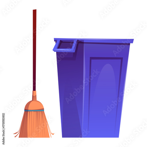 Illustration of a sweeping broom and a large blue dustbin on a white background