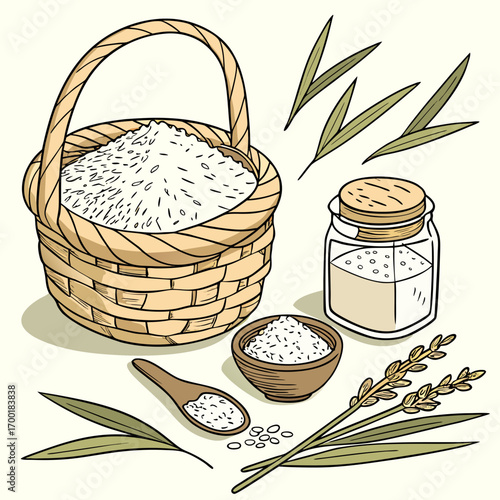 Harvest bounty of rice displayed in basket, jar, and spoon, a nutritious still life